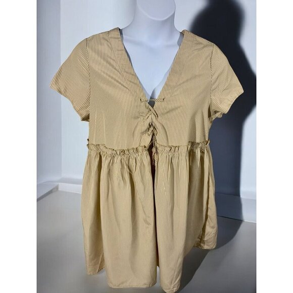 Shein Vcay Collection Curve 1XL NEW Babydoll V Neck Brown Striped Mini Dress - Picture 8 of 8